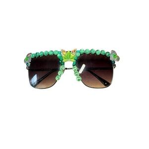 Rhinestone Glam Beaded Sunglasses. Green.